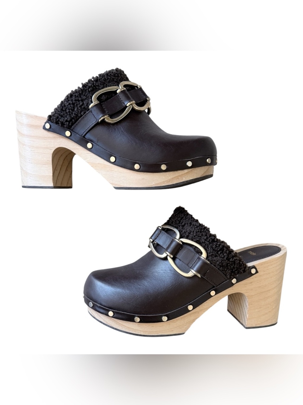 Maje Dark Brown Leather Sherpa-Trim Clog Mules with Gold Buckle